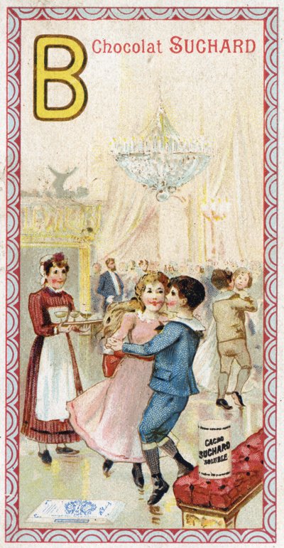 Lettre B : promenade, balcon, boissons, bougies, servante, banc. Gravure de l