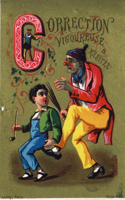 Lettre C : Correction forte et méritée. Gravure dans "Alphabet des grotesques". Série de 25 chromolithographies publicitaires sur fond doré, fin 19e siècle. - Unbekannt
