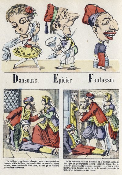 Lettres D, E et F : danseur, épicier et infanterie. Alphabet du Conte Oriental. Imagerie d