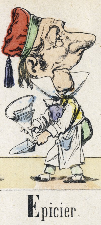 Lettre E : épicier. Alphabet du conte oriental. Imagerie d