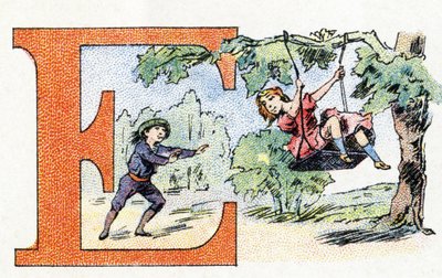 Lettre E : Escarpolette. Alphabet de Phosphatine Falières. Gravure. Breveté alphabet S.G.D.G. par le pharmacien Pierre Émile Falières. Illustrations en chromolithographie, fin 19ème siècle. - Unbekannt