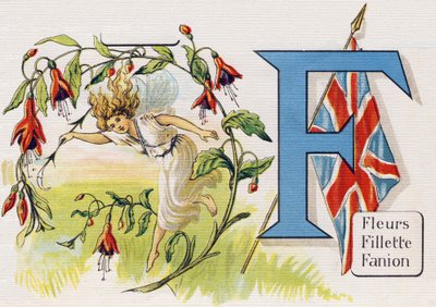 Lettre F: Fleurs, Fille, Fanion. Gravure dans "ABC L