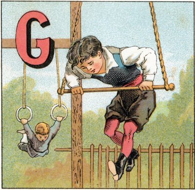 Lettre G pour gymnastique. Gravure dans « Alphabet des petits écoliers ». Imagerie d