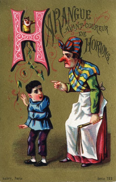 Lettre H: Harangue avant horion. Gravure dans "Alphabet des grotesques". Série de 25 chromolithographies publicitaires sur fond doré, fin 19ème siècle. - Unbekannt