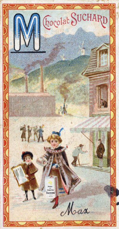 Lettre M : montagne, miroir, machine, manufacture, manteau, mendiant, moulin. Gravure de l