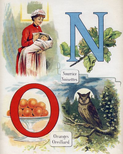 Lettres N et O : nourrice, noisette, oranges et oreille. Gravure dans "ABC L