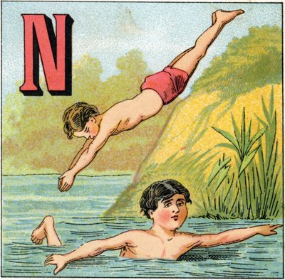 Lettre N pour la natation. Gravure dans "Alphabet des petits écoliers". Imagerie d