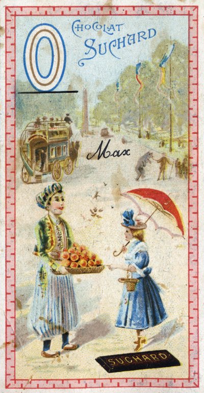 Lettre O : omnibus, ottoman, parapluie, oriflamme, orange, obélisque, ours. Gravure de l