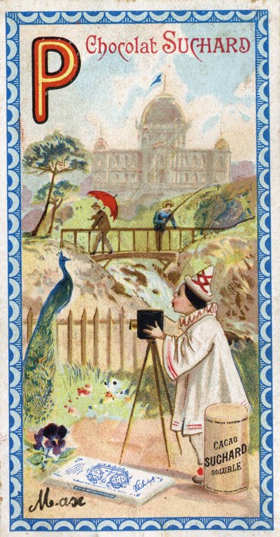 Lettre P : palais, pavillon, parapluie, photographe, pont, pêche, paon, pensée. Gravure de l