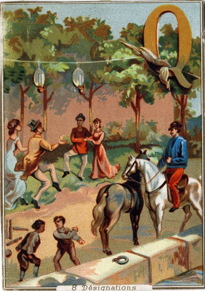 Lettre Q : quadrille ; querelle ; bowling ; quenouille ; quinquets ; quatre ; quai. Alphabet. Dans chaque image, il y a un certain nombre de mots illustres dont les représentations sont mises en scène. Chromolithographies de la Lithographie parisienne, ver - Unbekannt