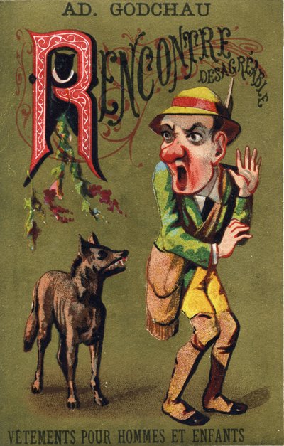 Lettre R : Rencontre désagréable. Gravure dans "Alphabet des grotesques". Série de 25 chromolithographies publicitaires sur fond doré, fin 19e siècle. - Unbekannt
