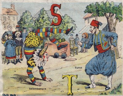 Lettres S et T : Saltimbanque et Turco. Album drolatique. Série numéro 4 dans Albums-chromo sur toile. Chromolithographies sur tissu. Imagerie Marcel Vagne, Jarville-Nancy, début du 20ème siècle. - Unbekannt