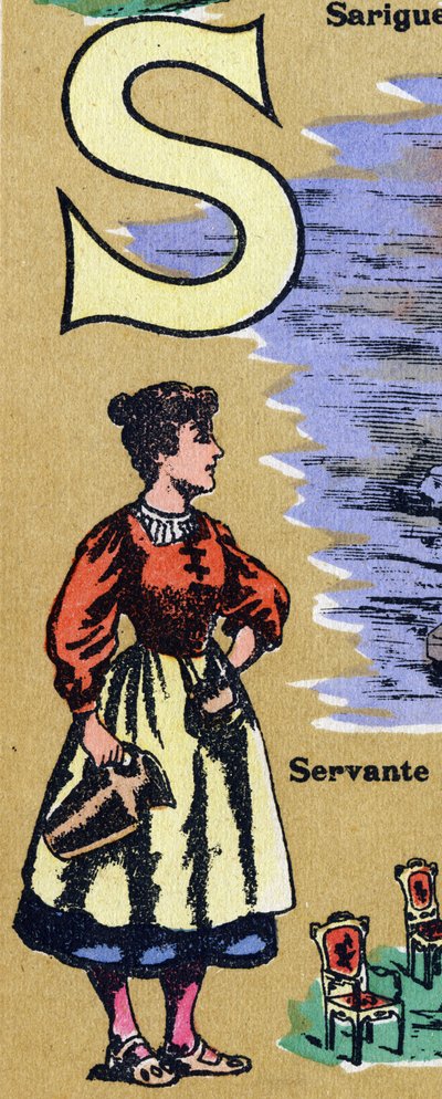 Lettre S comme servante. Alphabet illustré. Imageries réunies à Jarville-Nancy, début du 20ème siècle. Dim : 40 x 29 cm. Lithographie sur fond bistre - Unbekannt