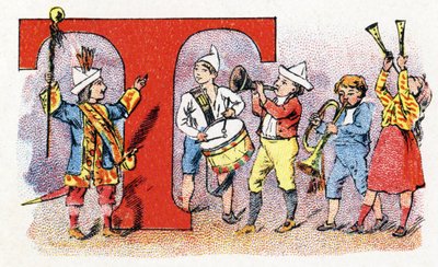 Lettre T : Trompette tambour. Alphabet de Phosphatine Falières. Gravure. Alphabet breveté S.G.D.G. par le pharmacien Pierre Émile Falières. Illustrations en chromolithographie, fin 19ème siècle. 16 pages. Dim : 103x154 mm. - Unbekannt