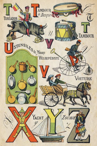 Lettres T, U, V, X, Y et Z. Gravure dans "ABC Jouets". Imagerie d
