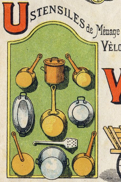 Lettre U. Cocotte, poêle, écureuil, casserole... Gravure dans « ABC Toys ». Imagerie d
