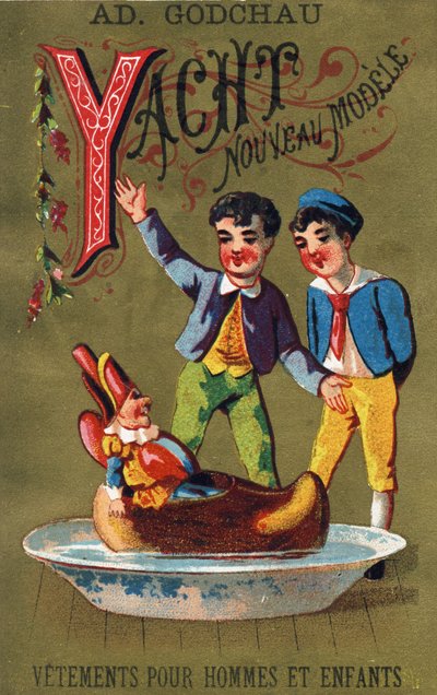Lettre Y: Yacht nouveau modèle. Gravure dans "Alphabet des grotesques". Série de 25 chromolithographies publicitaires sur fond doré, fin 19ème siècle. - Unbekannt