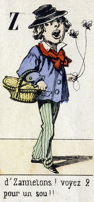 Lettre Z : "par Zannetons ! Voyez 2 pour un sou !!" Alphabet "Divertissements enfantins". Imagerie d
