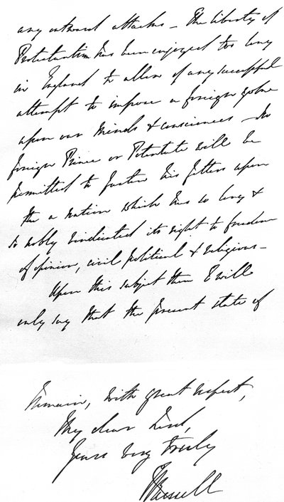 Lettre du Premier ministre Lord John Russell à l
