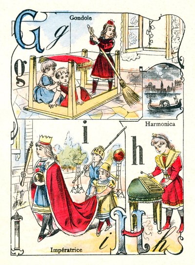 Lettres G, I et H. Enfants jouant à la gondole, impératrice et harmonica. Gravure dans "Alphabet amusant". Imagerie de Pont-à-Mousson. Impression et édition Louis Vagne, fin du 19ème siècle - Unbekannt