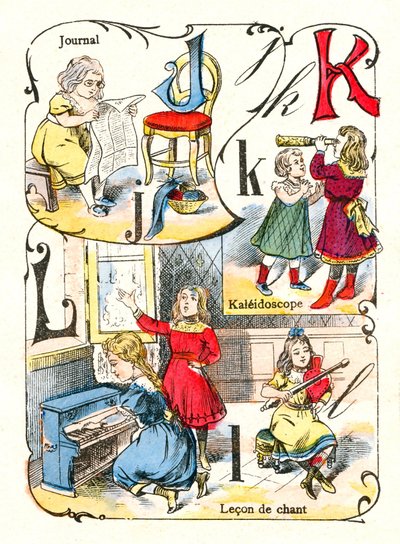 Lettres J K et L comme journal, kaléidoscope et leçon de chant. Gravure dans "Alphabet amusant". Imagerie de Pont-à-Mousson. Impression et édition Louis Vagne, fin du 19ème siècle - Unbekannt