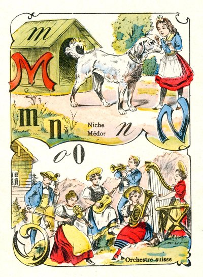 Lettres M N et O comme Médor, Niche et Orchestre Suisse. Gravure dans "Alphabet Amusant". Imagerie de Pont-à-Mousson. Impression et édition Louis Vagne, fin du 19ème siècle - Unbekannt