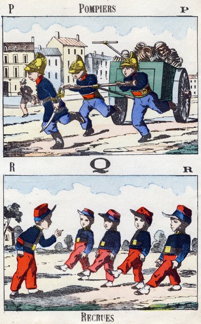 Lettres P Q R : Pompiers et recrues. Gravure dans "Alphabet militaire enfantin". Imagerie de Pont-à-Mousson, vers 1890. 20 pages. Dim : 28,5x21 cm. - Unbekannt