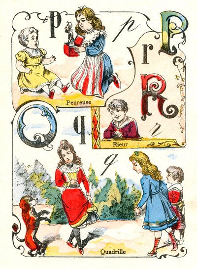 Lettres P Q et R comme peureux, rire et quadrille. Gravure dans "Alphabet amusant". Imagerie de Pont-à-Mousson. Impression et édition Louis Vagne, fin du 19ème siècle - Unbekannt