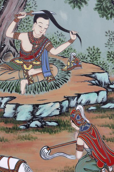 Vie de Bouddha. Loin du palais, le prince Siddartha échange ses vêtements fins contre des haillons et coupe ses longs cheveux - Unbekannt
