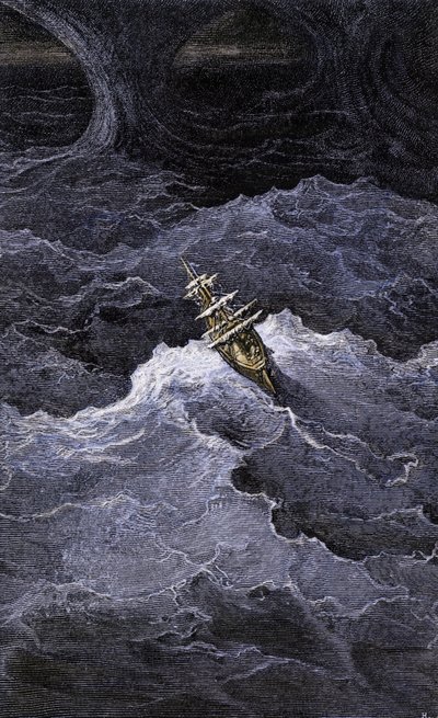 Littérature : Bateau au milieu de la mer. Illustration du roman de Samuel Taylor Coleridge (1772-1834) "Rime of the Ancient Mariner". Gravure en couleur d