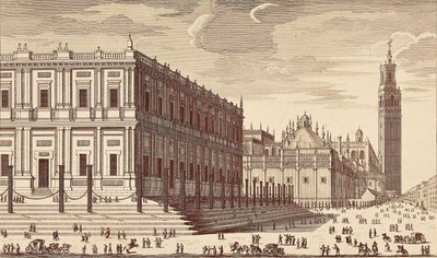 Lonja de Comercio ("Bâtiment de commerce") et vue partielle de la cathédrale de Séville. Gravure. ESPAGNE. MADRID (COMMUNAUTÉ AUTONOME). Madrid. Bibliothèque nationale - Unbekannter Künstler
