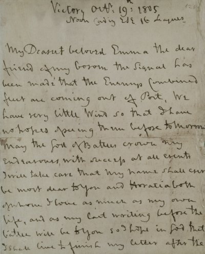 Dernière lettre de Lord Nelson (1758-1805) à Emma Hamilton, écrite depuis le 