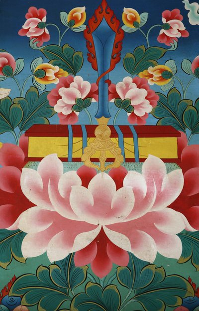 Fleur de lotus, épée de la connaissance et texte sacré. Monastère de Kopan, Katmandou, Népal - Unbekannt