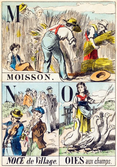 M N O : Moisson, Noce de village, Oies aux champs - "Alphabet de la ferme" fin du 19e siècle (gravure) - Unbekannt