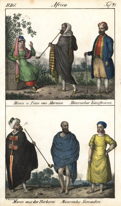 Homme et femme du Maroc, un marchand maure, au-dessus, et un couple de Marocains, un marchand maure et en dessous, un homme berbère en manteau et un couple de nomades maures. Lithographie pour le livre : « Galerie complète en tableaux fidèles des peuples d - Unbekannter Künstler
