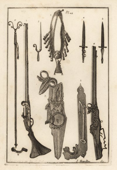 Mousquet à mèche, serrure et baïonnette de la Tour de Londres 1-3, baïonnette 4, repose-mousquet et baïonnette 5, repose-mousquet 6, bandoulières et flasque à poudre 7, serrure à roue 8,9, et clé 10 - Unbekannt