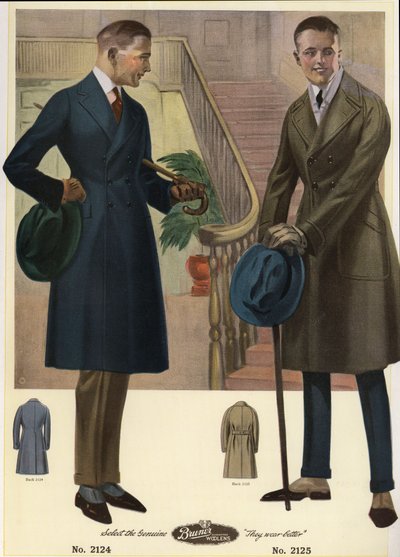 Mode masculine 1920 - Hommes en manteaux croisés portant des cannes et des chapeaux, portant des guêtres. Chromolithographie d