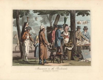 Marchands itinérants sur les boulevards, un vendeur de tisane avec son tonneau sur le dos, un aveugle avec son chien, un porteur et un vendeur d