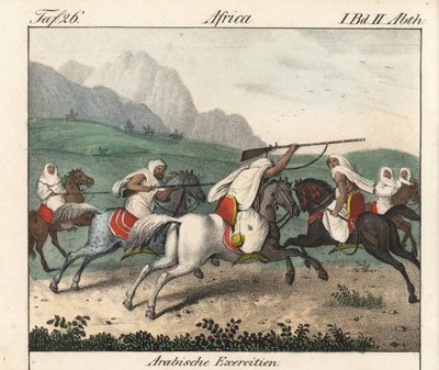 Exercices militaires, la charge des cavaliers arabes. Lithographie pour le livre : « Galerie complète en tableaux fidèles des peuples d