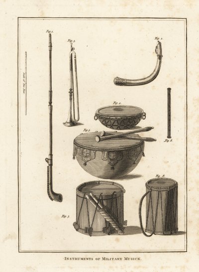 Instruments de musique militaire : trompette, cor, fifre, timbale, tambour - Unbekannt