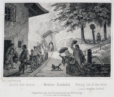 Mine de sel : la sortie des touristes de la mine sur un véhicule en bois tiré sur des rails, à Durrnburg, Autriche, vers 1850 - Unbekannt