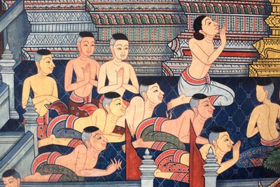 Moines. Détail de la fresque murale sur les murs intérieurs du Vihara de l