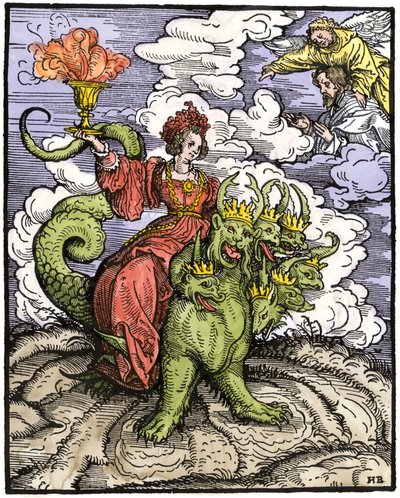 Mythes et légendes : La Grande Prostituée de Babylone chevauchant le dragon à 7 têtes. Gravure colorée du Nouveau Testament. Imprimée à Augsbourg. - Unbekannter Künstler