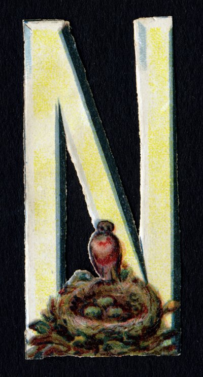 N comme Nid. Découpis de coléoptères sur le thème des animaux. Gravure. Série de 26 chromolithographies gaufrées d