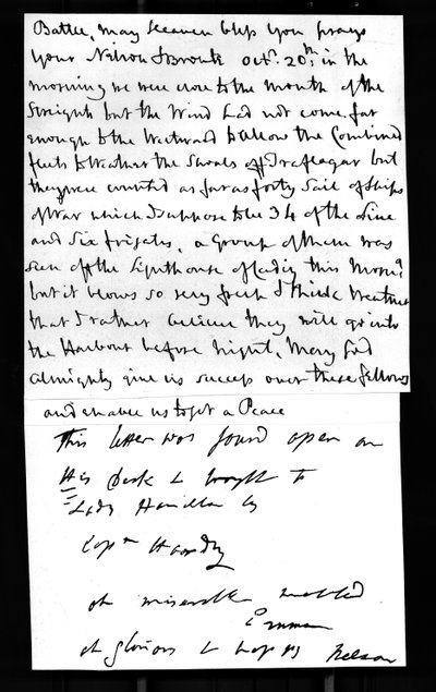 Dernière lettre de Nelson à Lady Hamilton depuis son navire HMS 