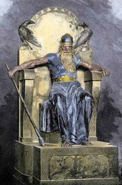 Mythologie nordique : représentation de la divinité Wotan (Odin). Gravure en couleur du 19ème siècle - Unbekannter Künstler