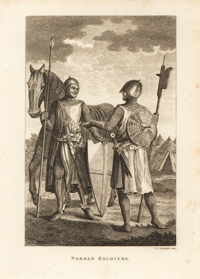 Soldats normands en cotte de mailles et armure de plaques avec bouclier, lance, hallebarde, devant des tentes de campagne militaire - Unbekannt