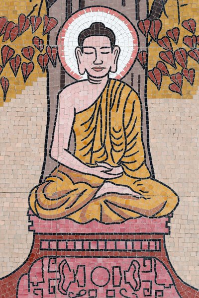 Pagode bouddhiste Ong Nui, fresque murale, La vie du Bouddha, Bouddha Shakyamuni assis en posture de méditation sous l