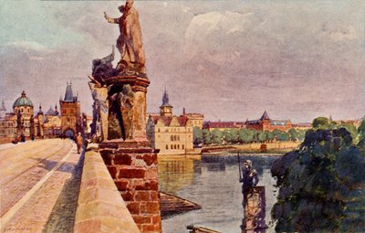 PRAGUE - la rivière Vltava sous le pont Charles avec ses grandes statues et les gens marchant le long du pont - Unbekannter Künstler
