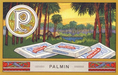 P : Palmin - Alphabet Palmin. Série de chromolithographies éditées par H. Schlinck & Cie, Hambourg, s. d. Publicité pour Palmin feinstes Cocosfett. Dimensions : 7 x 11 cm - William M. Timlin